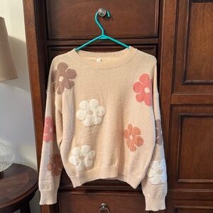 Floral Crewneck Sweater in Cream with Pink & Brown Blooms